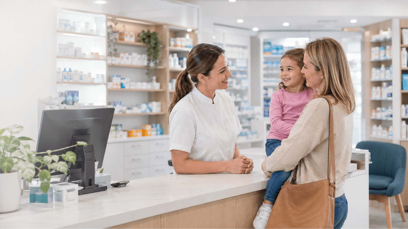 A pharmacist welcoming a mother and her daughter at an Australian community pharmacy